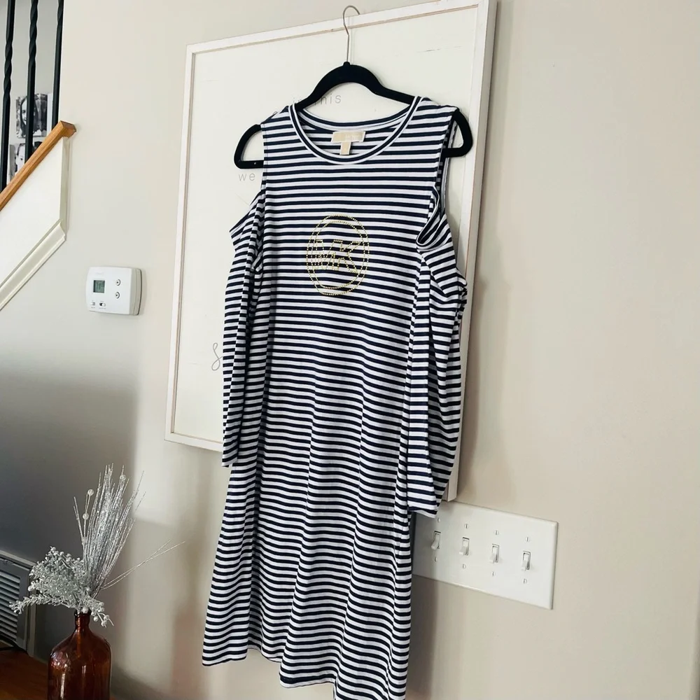 MICHAEL KORS Off Shoulder Navy Blue And White Striped Logo Studded Dress…